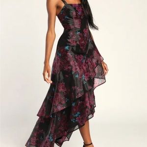 Extravaganza Energy Black Floral Print Organza High-Low Dress